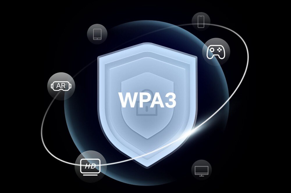 Router MERCUSYS MR27BE Grafika symbolizująca bezpieczeństwo sieci z tarczą opatrzoną napisem 'WPA3' pośrodku oraz ikonami urządzeń multimedialnych rozmieszczonymi wokół niej