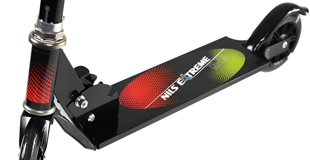 Hulajnoga dla dzieci NILS EXTREME HL776 Czarny poklad jezdny szeroki kolorowa grafika powloka antyposlizgowa dla dzieci powyzej 2 roku zycia waga do 50 kg