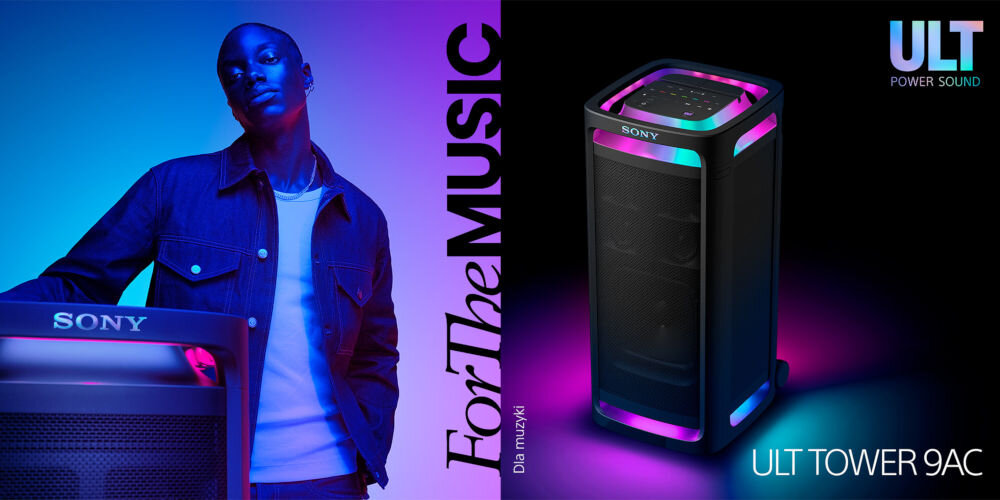Power Audio SONY ULT Tower 9 AC Karaoke Czarny głośnik na ciemnym tle z rozchodzacym się z niego światłem napis for the music przedzielający zdjęcie obok osoba opierająca się o głośnik