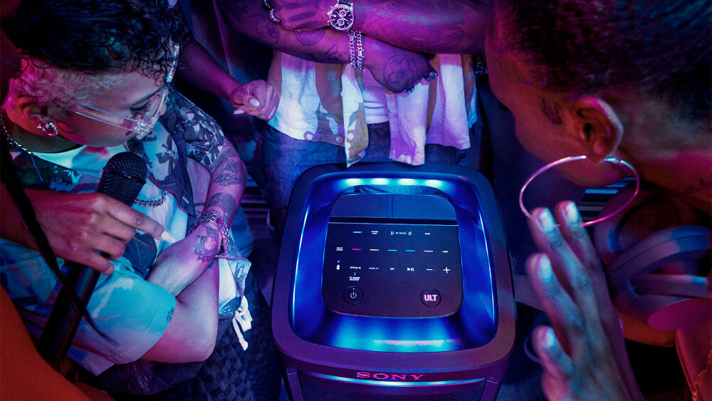 Power Audio SONY ULT Tower 9 AC Karaoke Czarny kolorowe światła w górnej części głośnika imprezowe oświetlenie 360 stopni synchronizacja z muzyką 16 diod led otaczające światło panel sterowania aplikacja