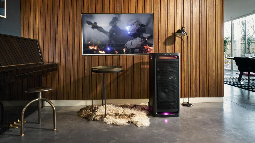 Power Audio SONY ULT Tower 9 AC Karaoke Czarny stojący przed telewizorem funkcja tv sound booster jeden przycisk połączenie wzmacnienia basów wyraźne dialogi