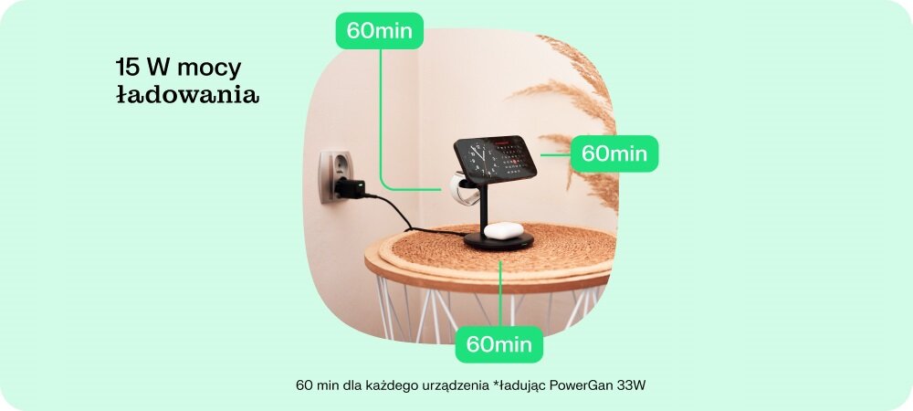GREEN CELL MagScape 3w1 trwałych, wysokiej jakości materiałów kompatybilna z iPhone’ami z MagSafe, Samsungami, Google Pixel ładowanie bezprzewodowe etui MagSafe specjalny ring adaptacyjny - ładowarka na stoliku podłączona do kontaktu
