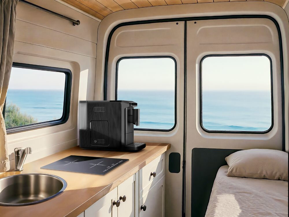 Ekspres TCHIBO Esperto Mini Czarny Elegancki wygląd Minimalistyczny design w czerni lub szarości dopasuje się do każdego wnętrza Neutralna kolorystyka praktyczne rozwiązani