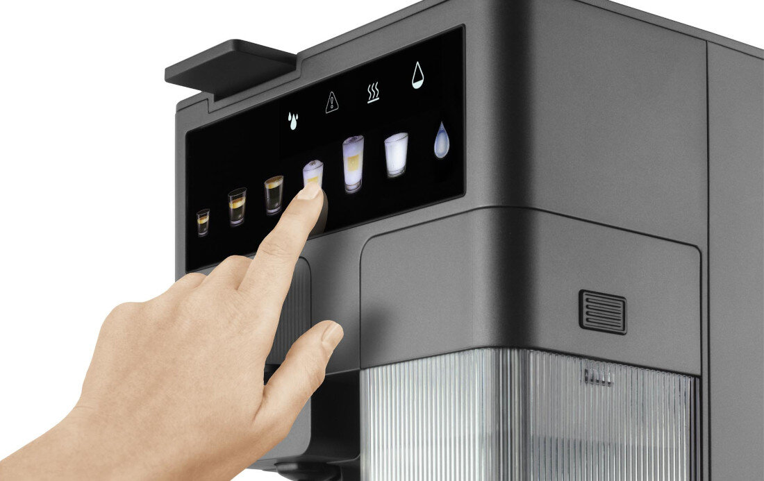 Ekspres CATLER ES 750 G Renzo (3 systemy kapsułek) Intuicyjna obsługa panelu Kolorowy ekran dotykowy ułatwienie wybrać wielkość filiżanki i dostosować ustawienia  kawa