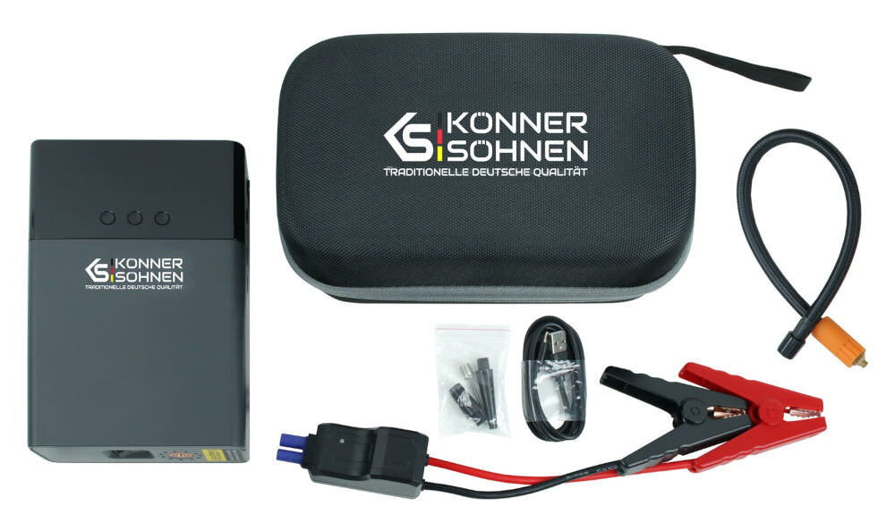 Urządzenie rozruchowe KONNER & SOHNEN JSP-1200 zestaw kabel USB-A/USB-C kabel zaciskowe dysze do pompowania waz do podlaczenia sprezarki etui dokumentacja