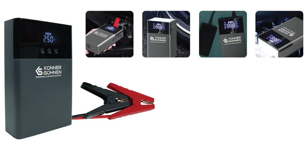 Urządzenie rozruchowe KONNER & SOHNEN JSP-1200 niewielkie wielofunkcyjne urzadzenie do uruchomienia samochodu pompowania opon powerbank zrodlo swiatla wymiary 20 × 13 × 5,2 cm waga 1,45 kg latwe przenoszenie i przechowywanie