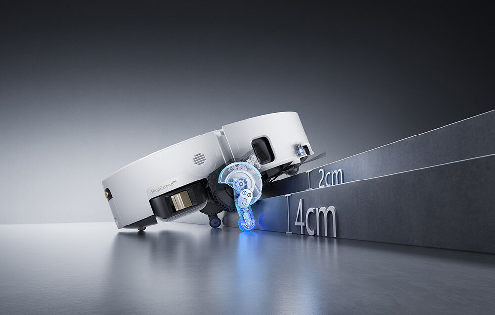 Robot sprzątający DREAME Aqua 10 Ultra Track Complete Biały Sprawne pokonywanie przeszkód System ProLeap™  progi wysokość przeszkody  Wysuwane nogi i elastyczne ramiona Podwozie Triple-Wheel AgiLift™ z trzema regulowanymi kołami 