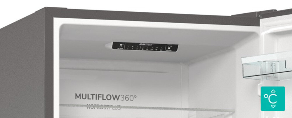 LODÓWKA GORENJE NRC620BSXL4 lifestyle wizualizacja ikona góry panel wewnątrz chłodziarki Sterowanie elektroniczne wewnątrz alarm tryb wakacyjny