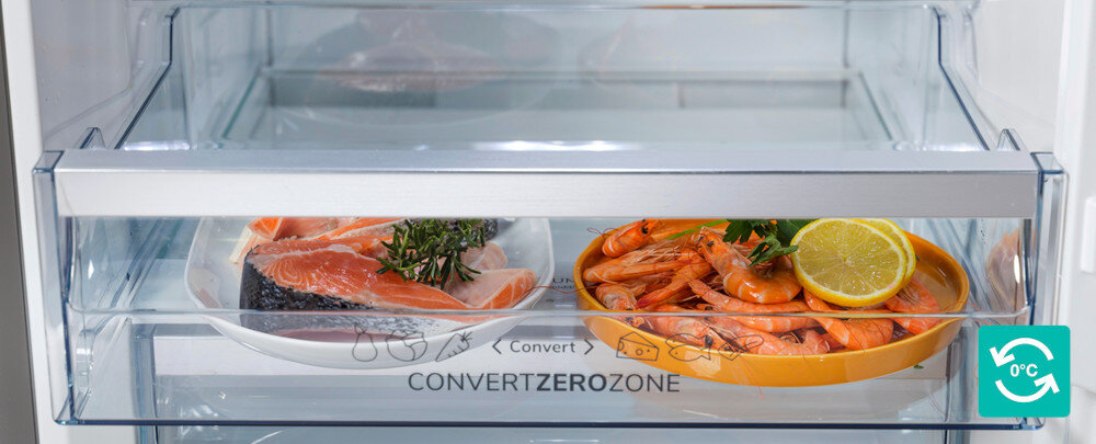 LODÓWKA GORENJE NRC620BSXL4 lifestyle wizualizacja Szuflada ConvertZone ikona z temperaturą 0°C cytryna krewetki regulacja owoce warzywa ryby mięso długotrwała świeżość
