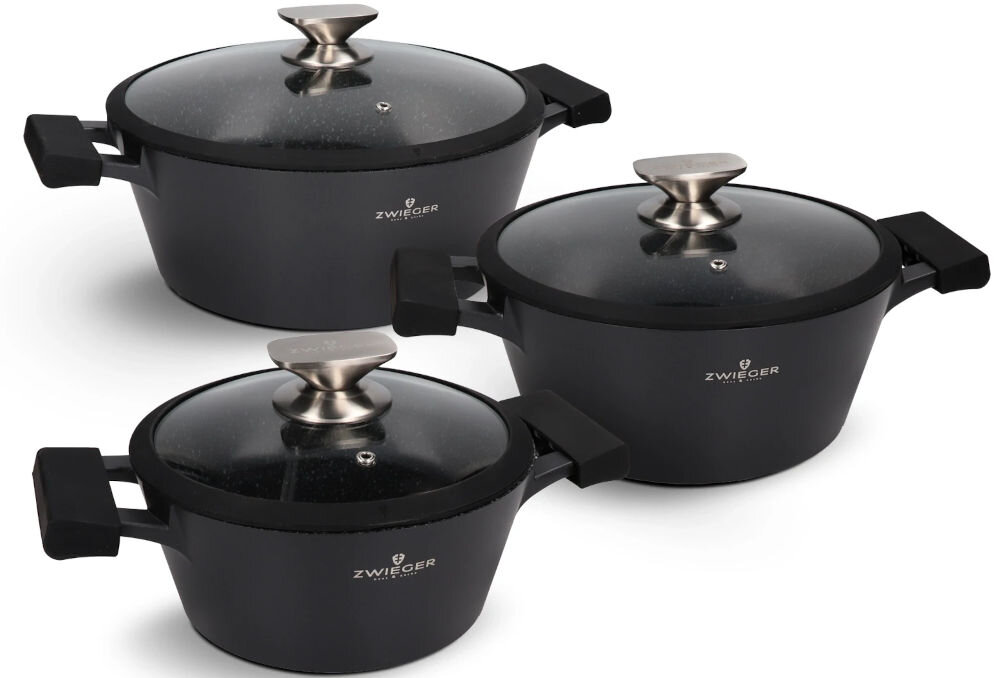 Zestaw Garnków ZWIEGER Black Stone (6 elementów) do każdej kuchni garnki zestaw 3 różne wielkości czarne masywne 