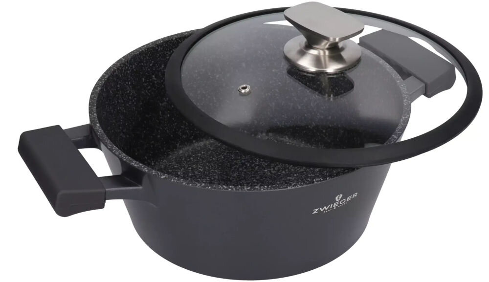 Zestaw Garnków ZWIEGER Black Stone (6 elementów) czarne eleganckie wykończenie wyjątkowy styl kazdej kuchni metalowy uchwyt pokrywki ułatwienie użytkowania zwiększone bezpieczeństwo silikonowy rant uszczelnienie naczynia estetyka funkcjonalność praktycznośc piękno w kuchni 