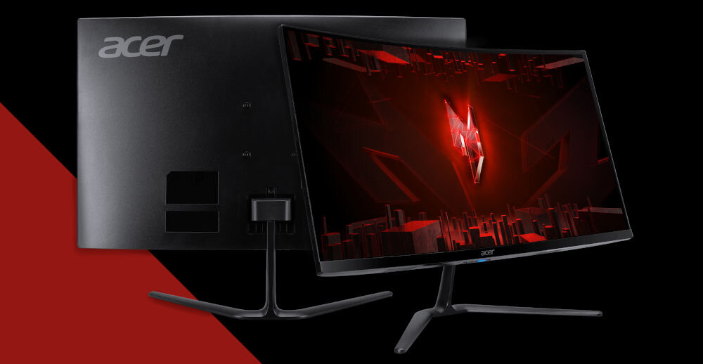 Monitor ACER Nitro ED270P0BMIPX 27 cali 1920x1080px 144Hz 1 ms [VRB] Curved prezentacja monitora od przodu i tyłu na czarnym tle czerwony pasek po lewej stronie