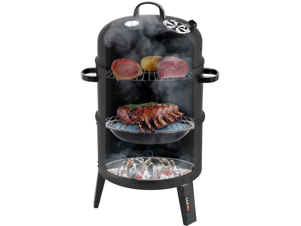 Wędzarnia LUND 99920 z termometrem 42 x 51 x 80 cm Czarny, misa, porcelana, wilgotność, komora, na białym tle grill z pokazaniem wnętrza grilla