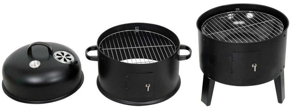 Wędzarnia LUND 99920 z termometrem 42 x 51 x 80 cm Czarny, uchwyty, ergonomiczny, przenoszenie, funkcjonalność, na białym tle grill rozłożony na 3 części, jedna obok drugiej