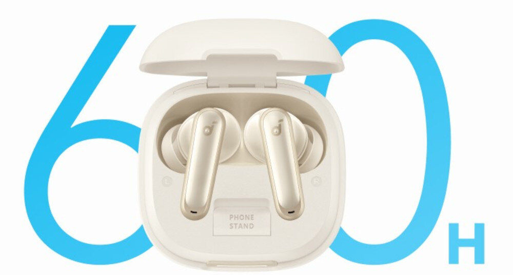 Słuchawki dokanałowe SOUNDCORE P40i ANC długa bateria odtwarzanie wielodniowe, słuchawki dokanałowe w etui ładującym na białym tle , logo 60 h