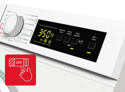 Zbliżenie na kolorowy wyświetlacz LED (Light Emitting Diode) suszarki Amica z widocznymi ustawionym czasem suszenia 3:50
