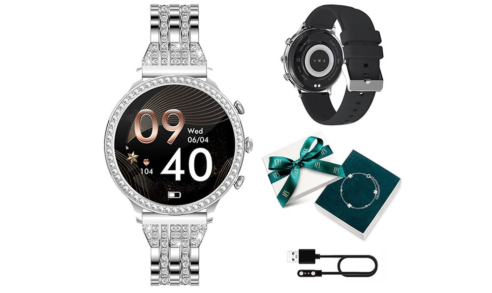 SMARTWATCH MANTA DIAMOND LUSSO ekran bateria czujniki zdrowie sport pasek ładowanie pojemność rozdzielczość łączność sterowanie krew puls rozmowy smartfon aplikacja