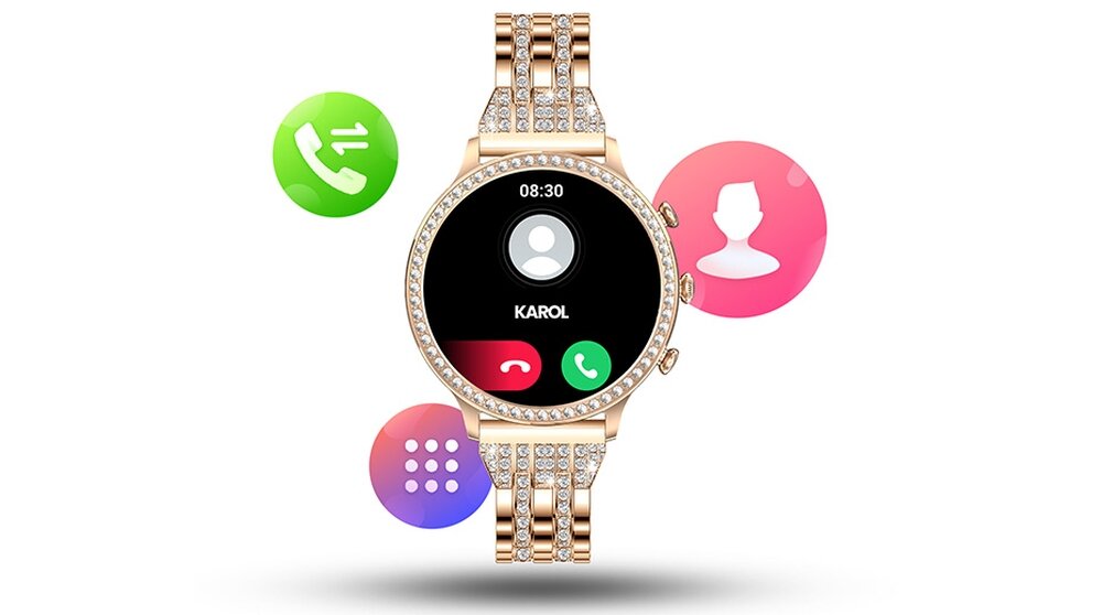 SMARTWATCH MANTA DIAMOND LUSSO ekran bateria czujniki zdrowie sport pasek ładowanie pojemność rozdzielczość łączność sterowanie krew puls rozmowy smartfon aplikacja