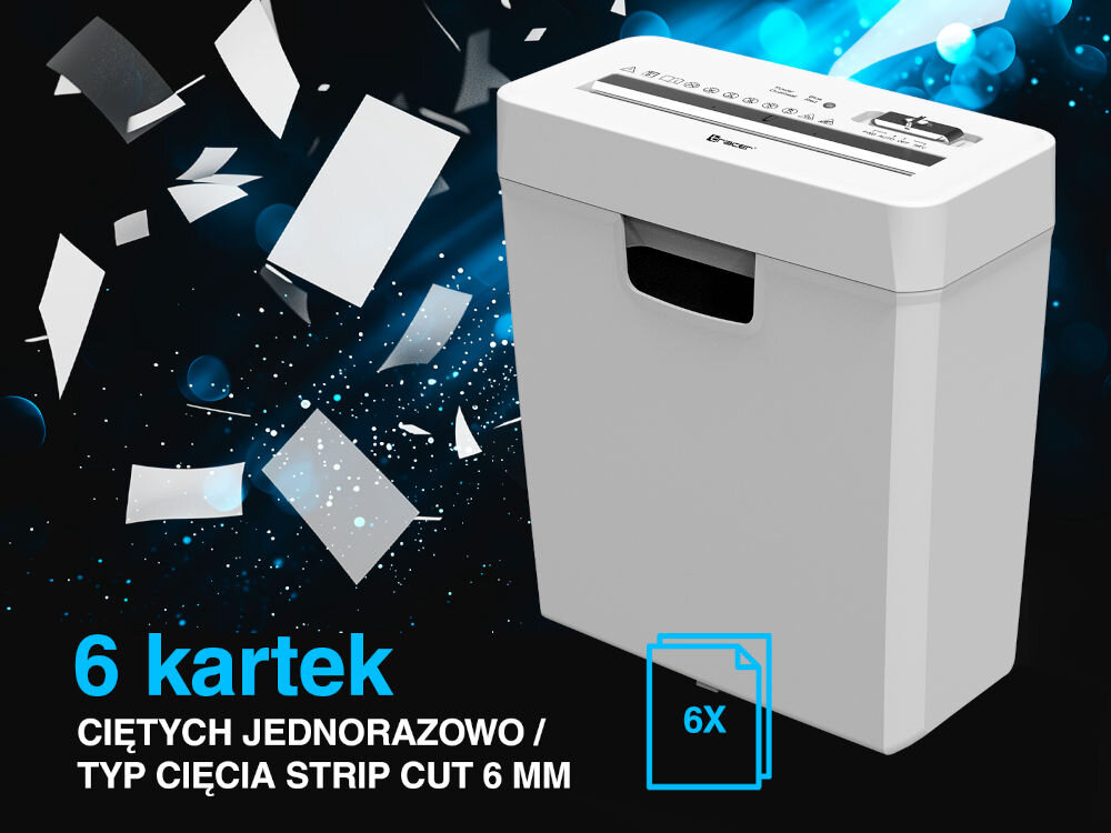 Niszczarka TRACER Razor 3 10 L, P-2, Paski, Automatyczny Start/Stop, Funkcja cofania Biały prezentacja niszczarki od przodu czarno-niebieskie tło z latającymi kartkami napis 6 kartek ciętych jednorazowo typ cięcia ikona z 6 arkuszami gramatura dukumenty zszyte zszywkami bieżący użytek