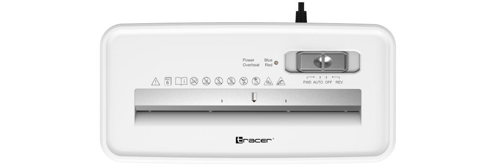 Niszczarka TRACER Razor 3 10 L, P-2, Paski, Automatyczny Start/Stop, Funkcja cofania Biały prezentacja górnego panelu na niszczarce białe tło niszczy karty kredytowe ochrona danych finansowych