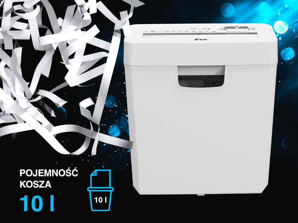 Niszczarka TRACER Razor 3 10 L, P-2, Paski, Automatyczny Start/Stop, Funkcja cofania Biały prezentacja niszczarki czarno-niebieskie tło napisy i ikony z funkcjami pojemność 10 litrów wygoda użytkowania przezroczyste okienko kontrolowanie poziomu praktyczny uchwyt