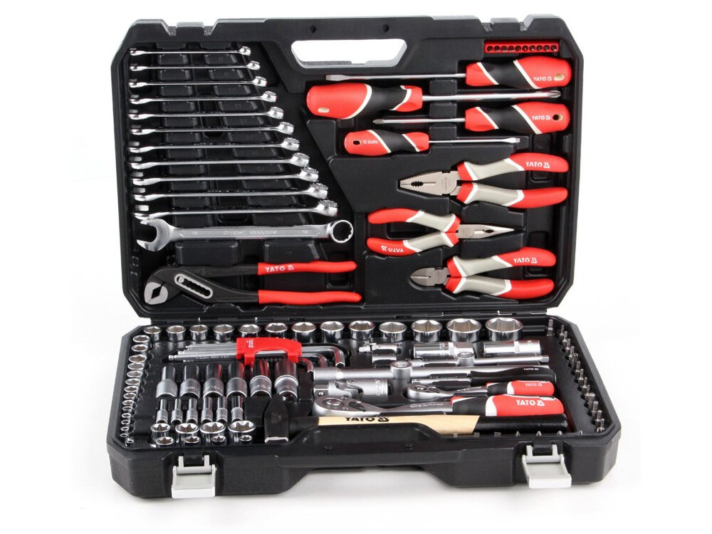 Zestaw narzędzi YATO YT-38901 122 elementów nasadki w rozmiarach od 4 do 32 mm klucze oczkowe i plaski od 8 do 19 mm roznorodnosc zadan kute na zimn szczypce precyzja trwalosc