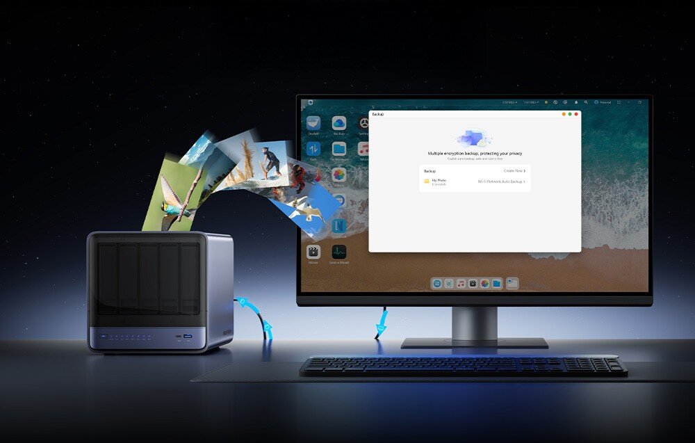 Serwer plików MINISFORUM N5 AI NAS Serwer NAS z graficzną tarczą symbolizującą ochronę danych na ciemnym tle