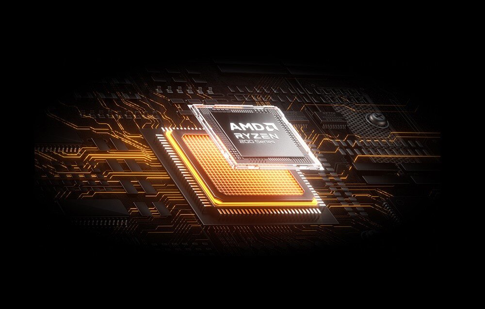 Serwer plików MINISFORUM N5 Pro AI NAS Procesor AMD Ryzen 200 Series przedstawiony na płycie głównej z podświetlonymi ścieżkami