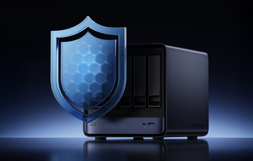 Serwer plików MINISFORUM N5 Pro AI NAS Serwer NAS z graficzną tarczą symbolizującą ochronę danych na ciemnym tle