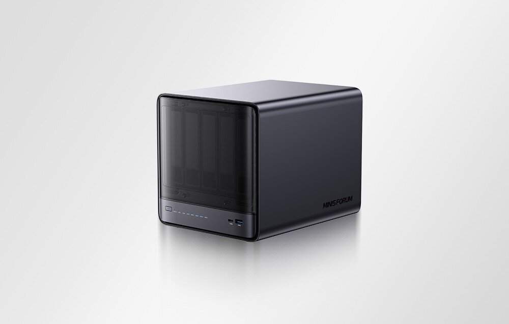 Serwer plików MINISFORUM N5 Pro AI NAS Czarna obudowa serwera NAS na jasnym tle