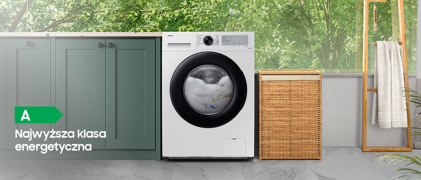 Pralka WW90CGC04DAH - szafki, kosz i wieszak na ręczniki Pralka Samsung EcoBubble WW90CGC04DAH - między szafkami i koszem