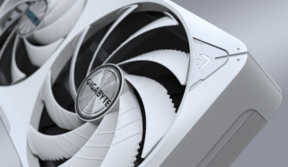 Karta graficzna GIGABYTE GeForce RTX 5060 Eagle Ice OC 8GB Karta graficzna zaprezentowana pod kątem na jednolitym szarym tle, ukazująca dwa wentylatory oraz boczną ściankę z elementami stylistycznymi, wygląd, obudowa, styl