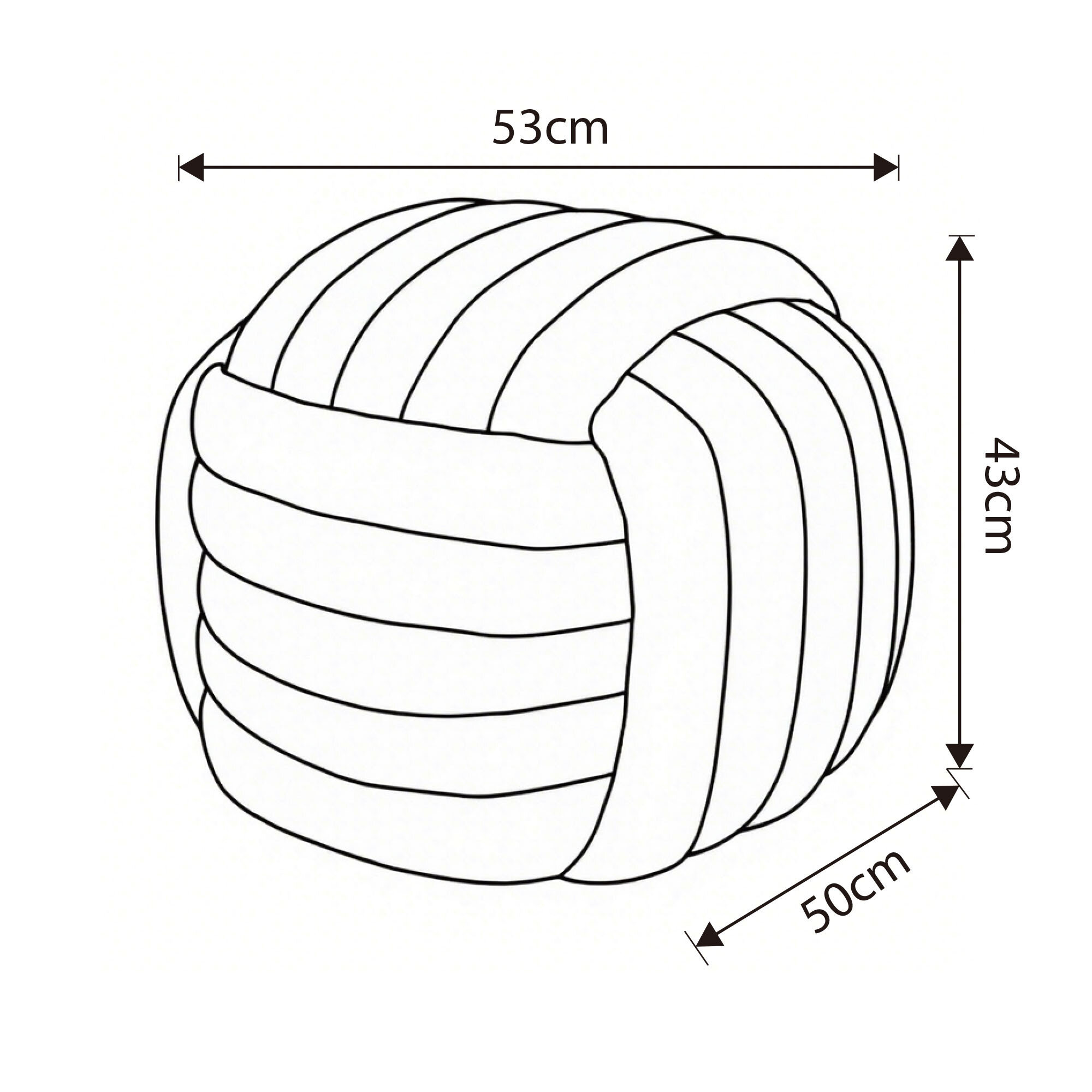 Schematyczny rysunek przedstawia plecioną pufę o wymiarach 53 cm szerokości, 50 cm głębokości i 43 cm wysokości.
