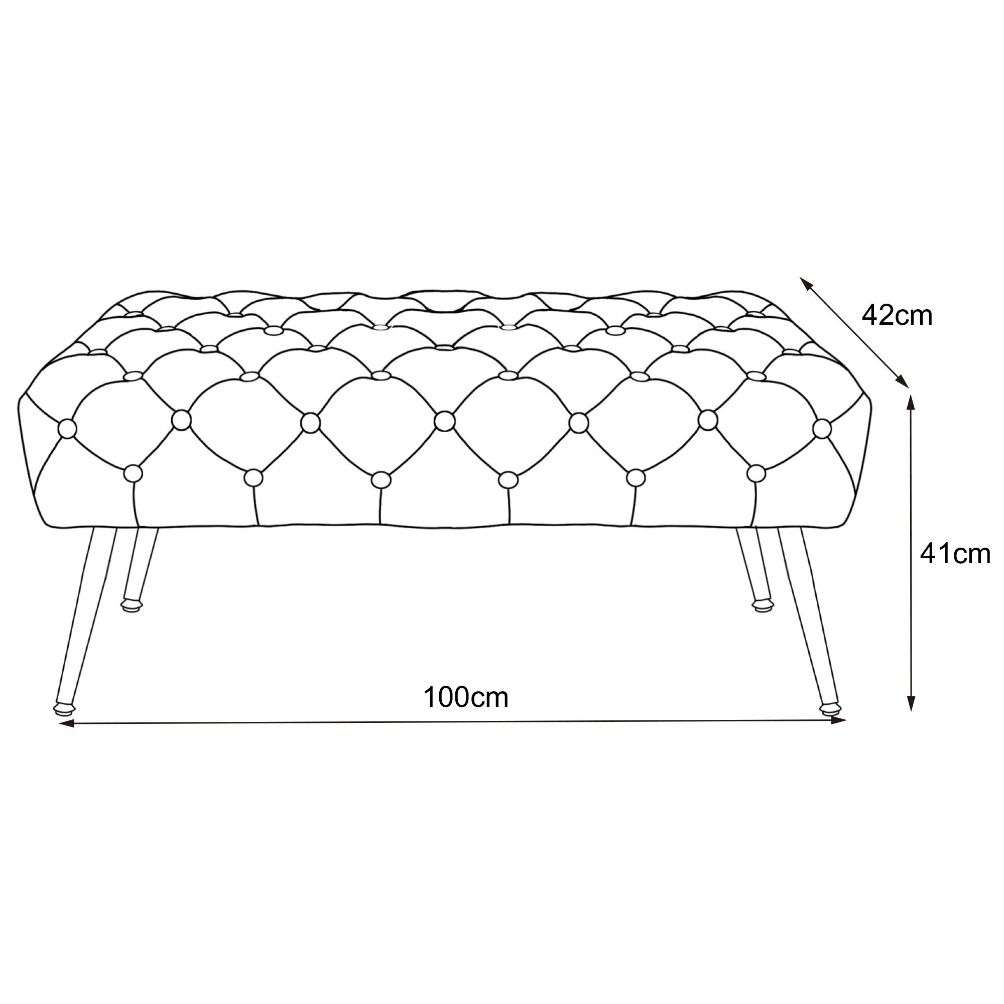 Schematyczny rysunek ławki tapicerowanej z pikowanym wzorem, z wymiarami: 100 cm długości, 42 cm szerokości i 41 cm wysokości.
