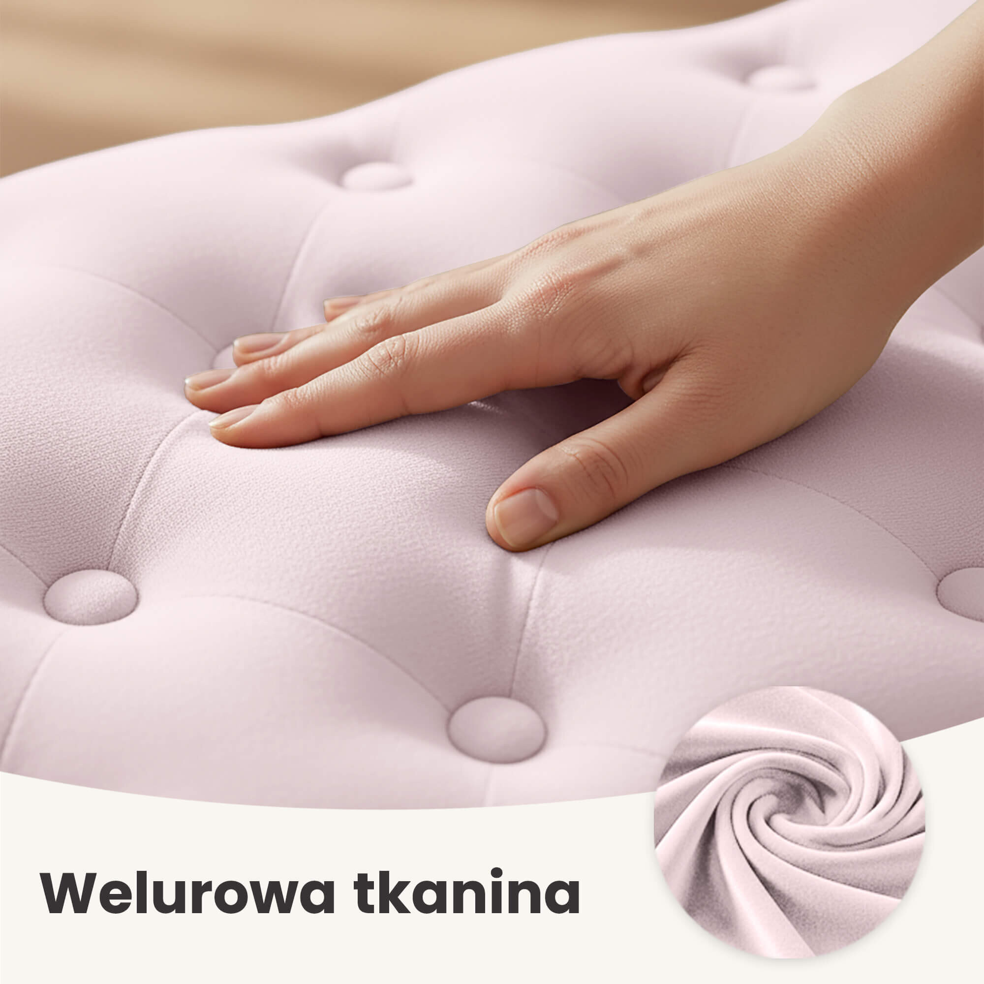 Na obrazie widoczna jest dłoń dotykająca pikowaną powierzchnię w kolorze pudrowego różu. Na dole znajduje się napis \'Welurowa tkanina\'.