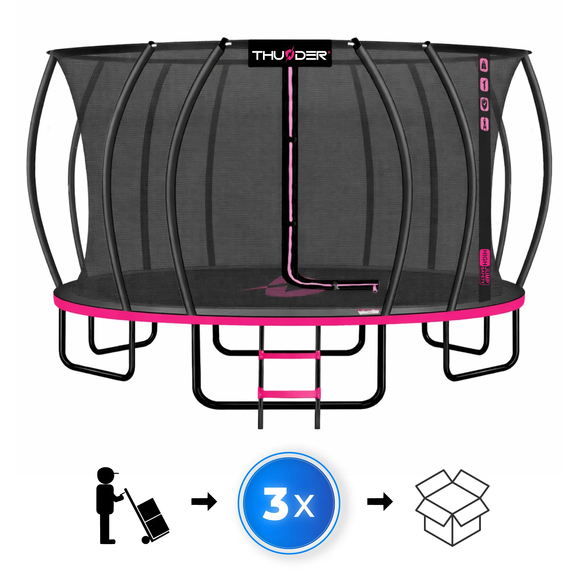 Trampolina ogrodowa z siatką ochronną i drabinką, w kolorze czarnym z różowymi akcentami, oznaczona logo \'THUNDER\'. Na dole widoczna jest grafika przedstawiająca osobę z wózkiem transportowym, symbol \'3x\' oraz ikona pudełka.