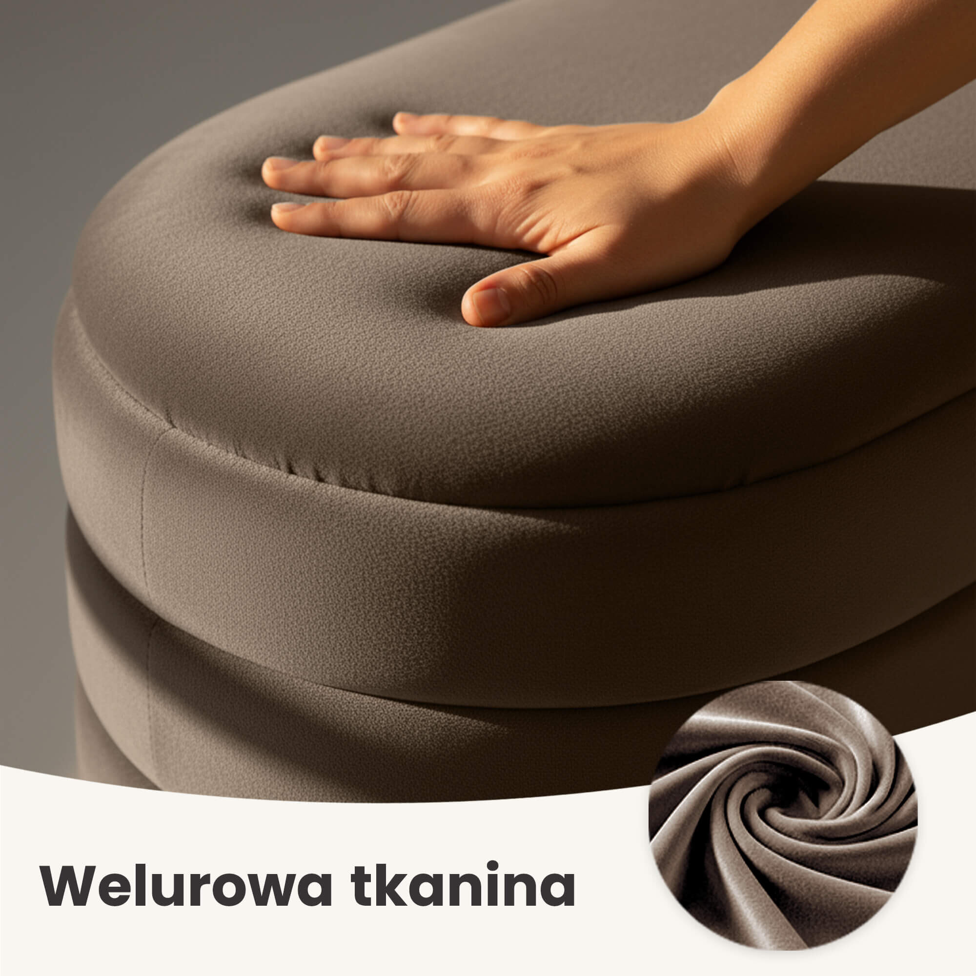 Na obrazie widoczna jest brązowa ławka z welurowej tkaniny, na której spoczywa dłoń. W dolnej części obrazu znajduje się napis \'Welurowa tkanina\'.