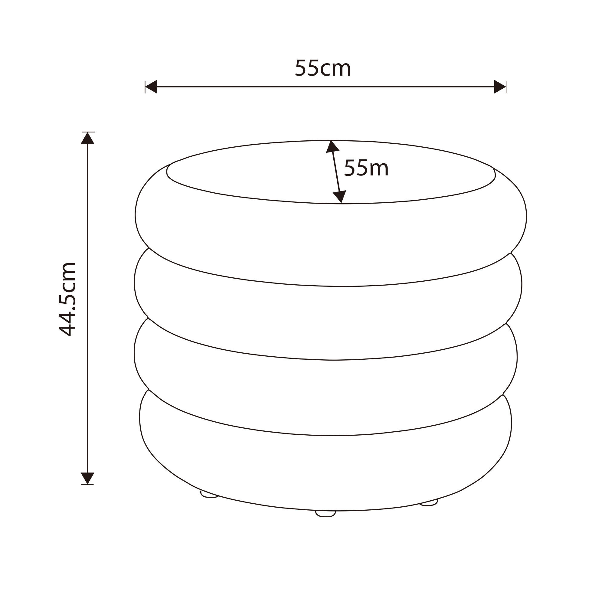 Schematyczny rysunek pufy o wymiarach 55 cm szerokości i 44,5 cm wysokości. Pufa ma okrągły kształt z widocznymi poziomymi segmentami.