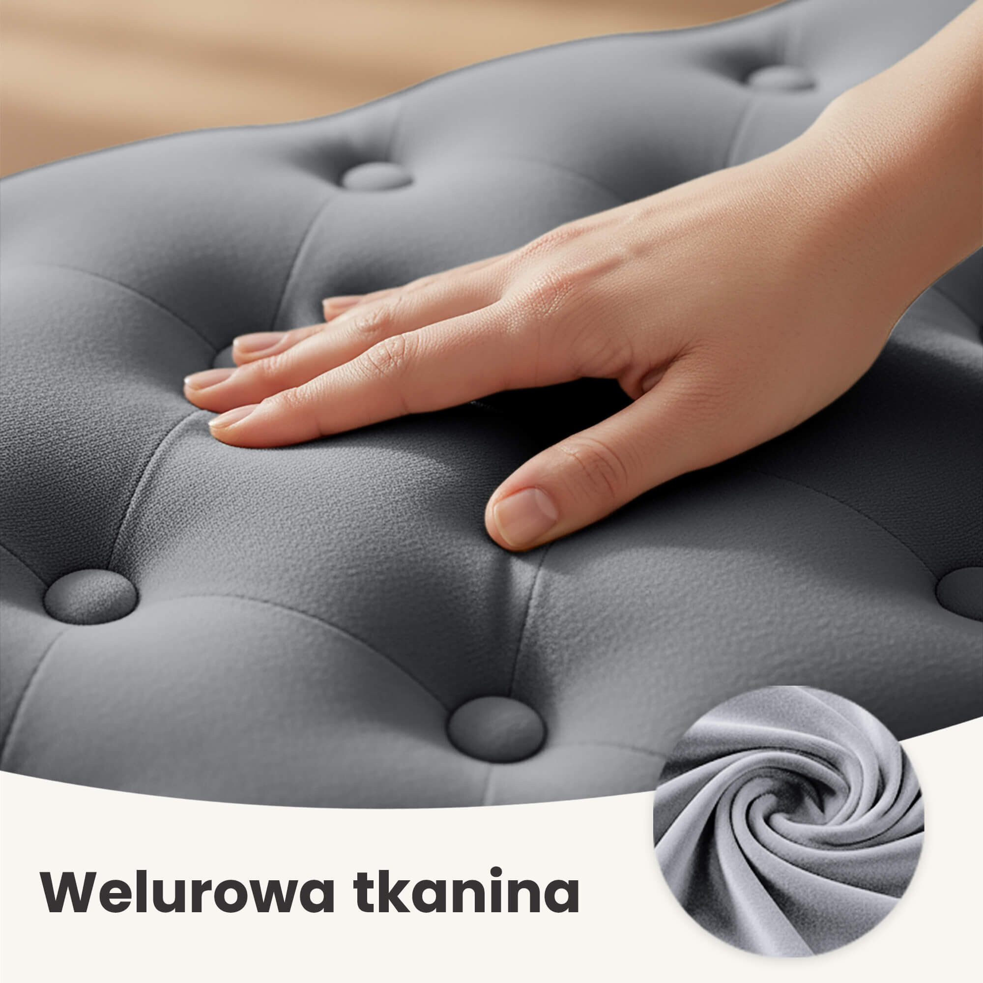 Na obrazie widoczna jest dłoń dotykająca pikowaną, grafitową tkaninę welurową. W dolnej części obrazu znajduje się napis \'Welur owa tkanina\'.