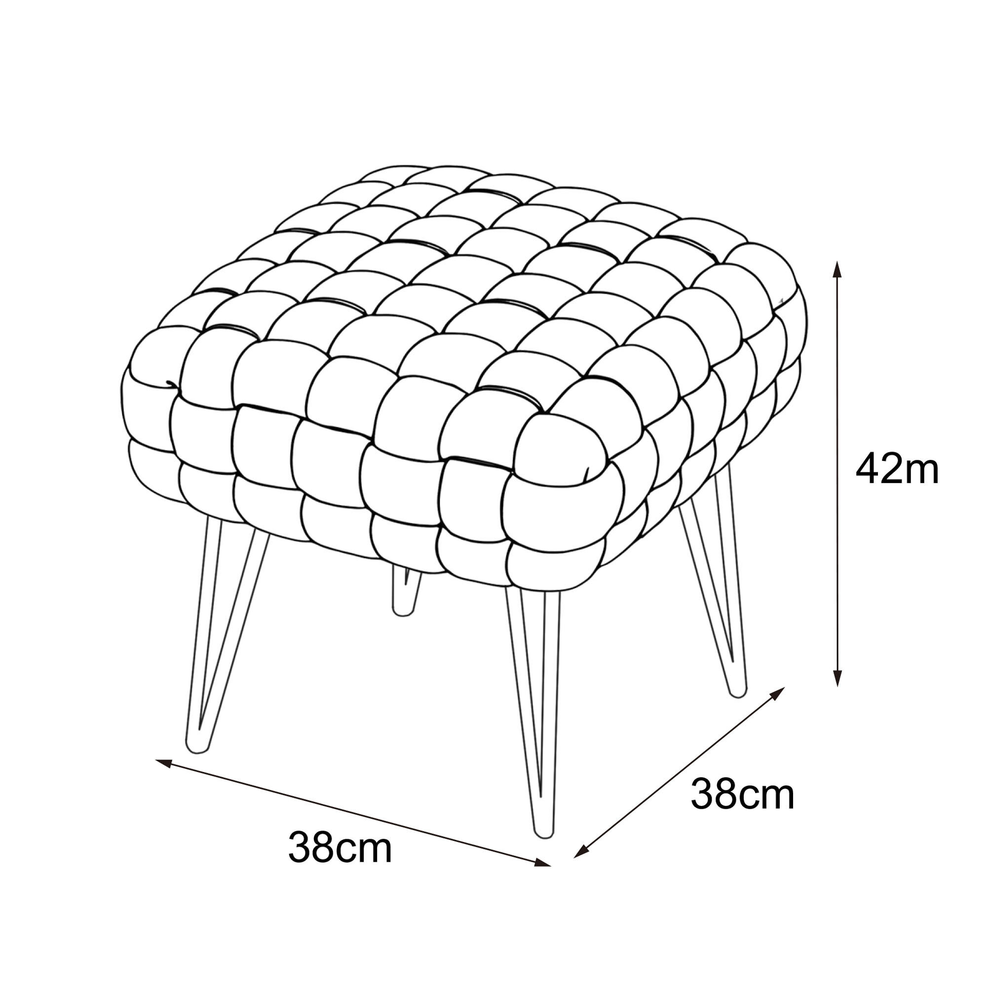 Ilustracja przedstawia pufę z plecioną tapicerką i metalowymi nogami. Wymiary pufy to 38 cm na 38 cm na 42 cm.