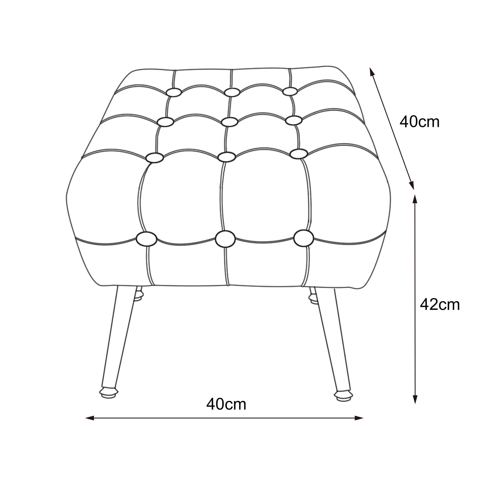Schematyczny rysunek pufy tapicerowanej z pikowanym wzorem, o wymiarach 40 cm na 40 cm i wysokości 42 cm.