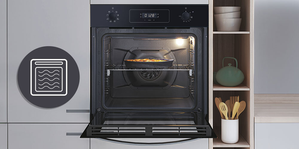 PIEKARNIK CANDY FIDC X605 CA lifestyle infografika front zamknięty oświetlone wnętrze poziomy blachy ruszt równomierne rozprowadzanie ciepła pieczenie Wielopoziomowe bez mieszania zapachów