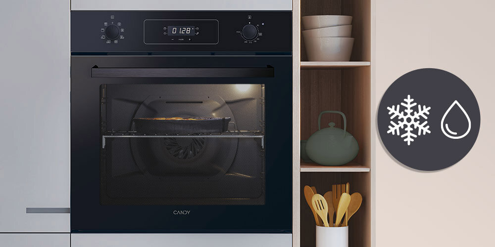 PIEKARNIK CANDY FIDC X605 CA lifestyle infografika front zamknięty oświetlone wnętrze akcesoria kuchenne Szybkie rozmrażanie rozprowadzanie powietrza wentylator szybsze rozmrażanie