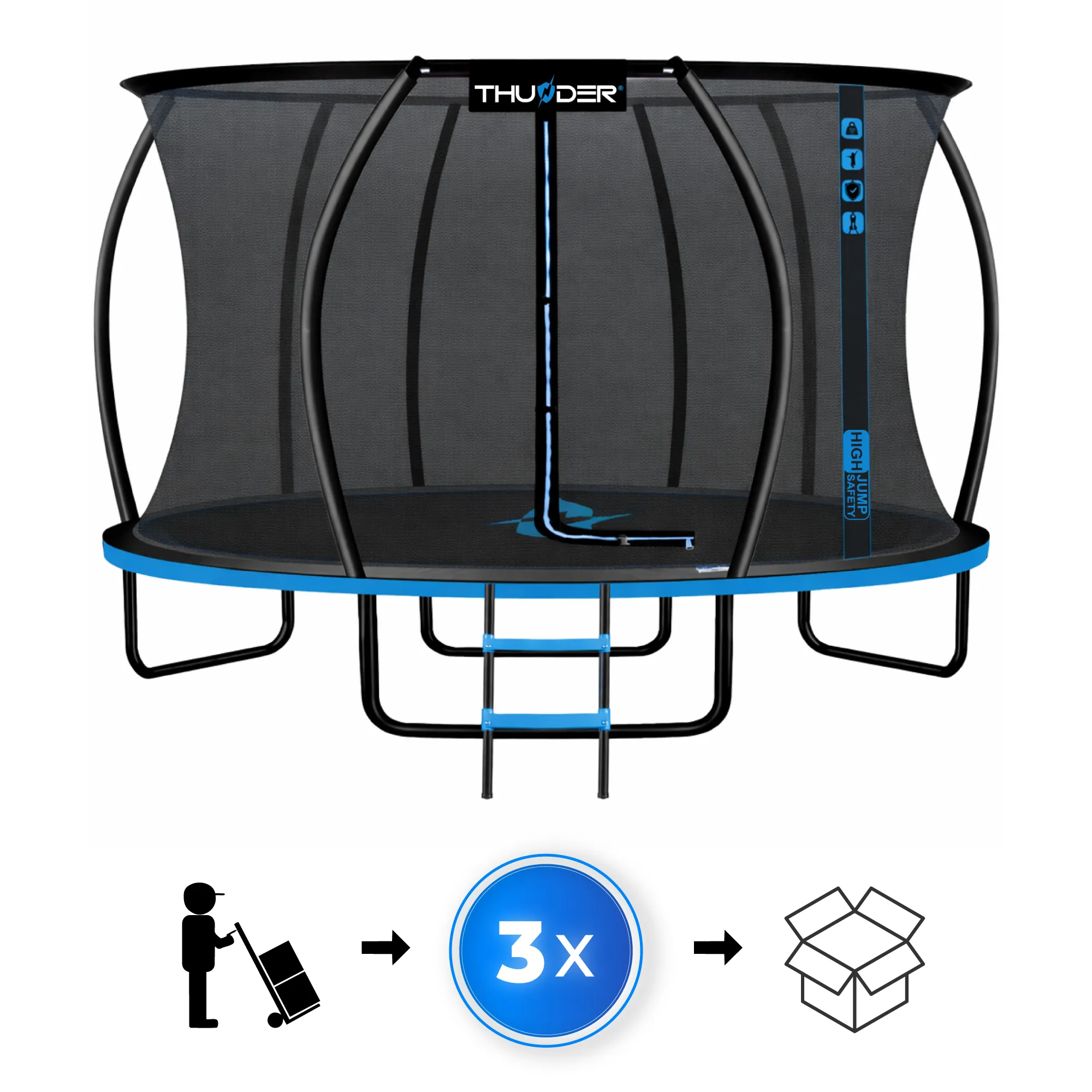 Trampolina ogrodowa z siatką ochronną i drabinką, z logo \'THUNDER\' na górze. Poniżej ikony przedstawiające proces dostawy w trzech paczkach.