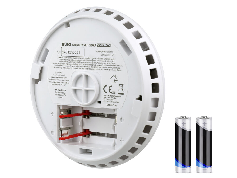 Czujnik dymu SD-72A2-TY montaz szybki prosty na suficie w centralnym punkcie pomieszczenia szczegolowa instrukcja aplikacja Tuya Smart pelna kontrola zasilanie dwie baterie typu AA