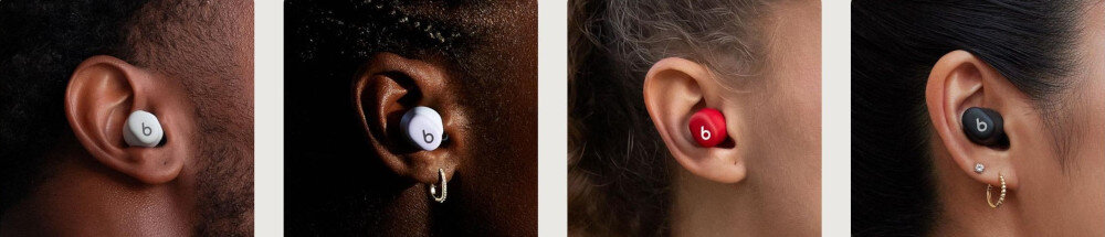 Słuchawki dokanałowe JBL Wave Buds 2 muzyka na pierwszym miejscu, zrównoważone brzmienie, bogactwo detali, basy, cztery kadry osób z założoną słuchawką dokanałową