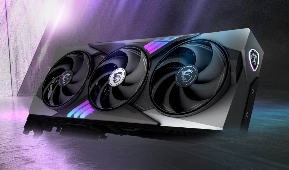 Karta graficzna MSI GeForce RTX 5080 Gaming Trio OC 16GB na ciemnym tle z efektownym podświetleniem LED opis