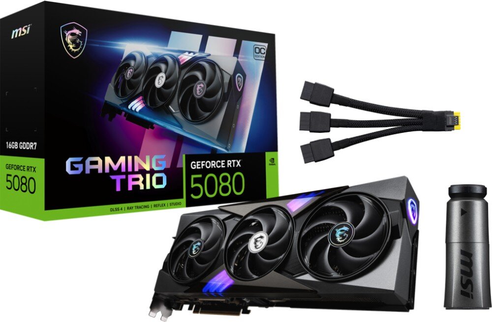 Karta graficzna MSI GeForce RTX 5080 Gaming Trio OC 16GB Zestaw – pudełko, karta graficzna, kabel zasilający oraz podpórka stabilizująca do montażu w obudowie
