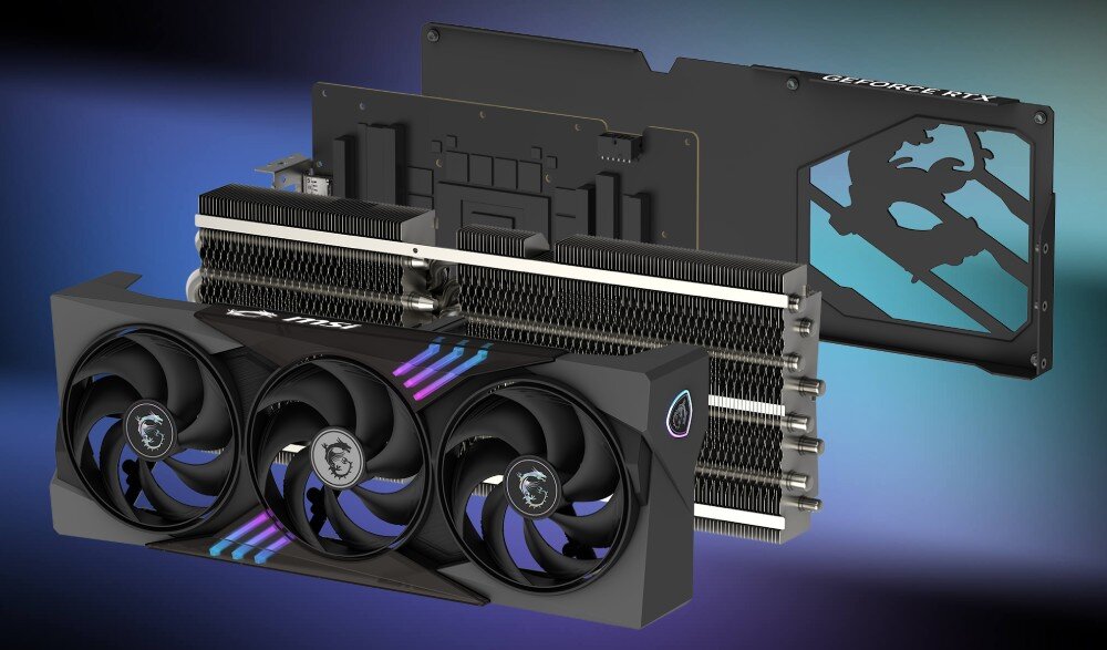 Karta graficzna MSI GeForce RTX 5080 Gaming Trio OC 16GB Rozłożona konstrukcja karty graficznej, ukazująca chłodzenie, system radiatorów i metalową płytę tylną z podświetleniem