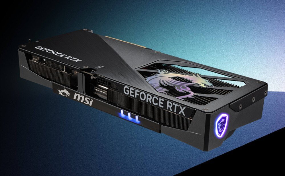 Karta graficzna MSI GeForce RTX 5080 Gaming Trio OC 16GB Widok z boku na kartę, ukazujący otwory wentylacyjne, podświetlenie LED i metalową konstrukcję